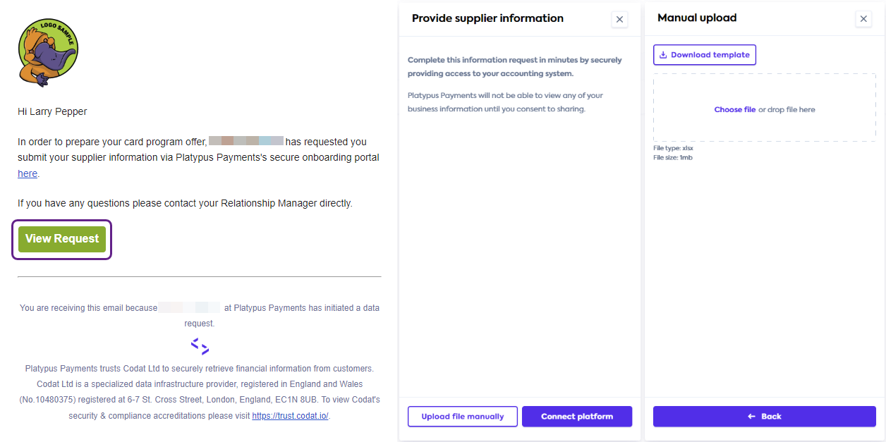 A combination of three screenshots. The first one shows the information request email with View Request button highlighted. The second one shows the initial landing screen for providing supplier information. The third one shows the manual file upload screen.